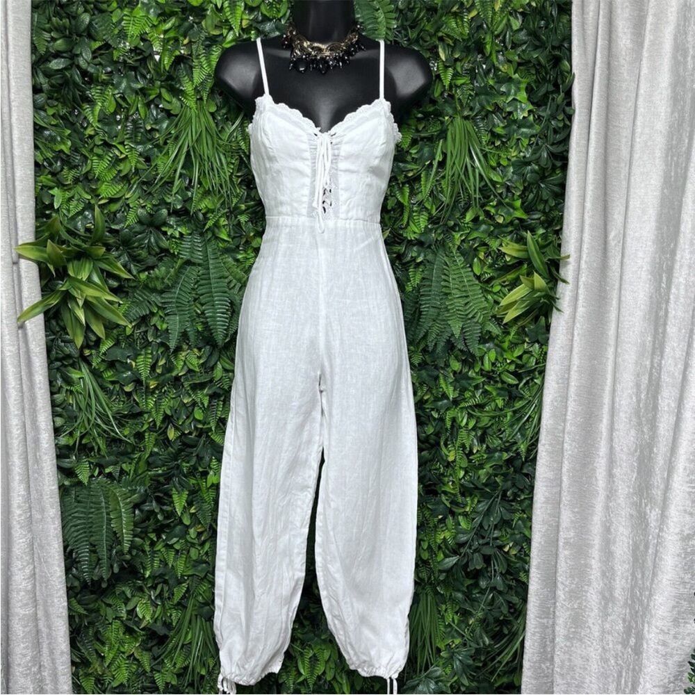 REFORMATION Jumpsuit Women 0 White Linen Pants Sleeveless Eyelet Accent 2475